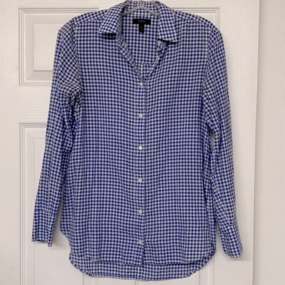 J. Crew Gingham Check Blue Button Front Classic Top Sz 0